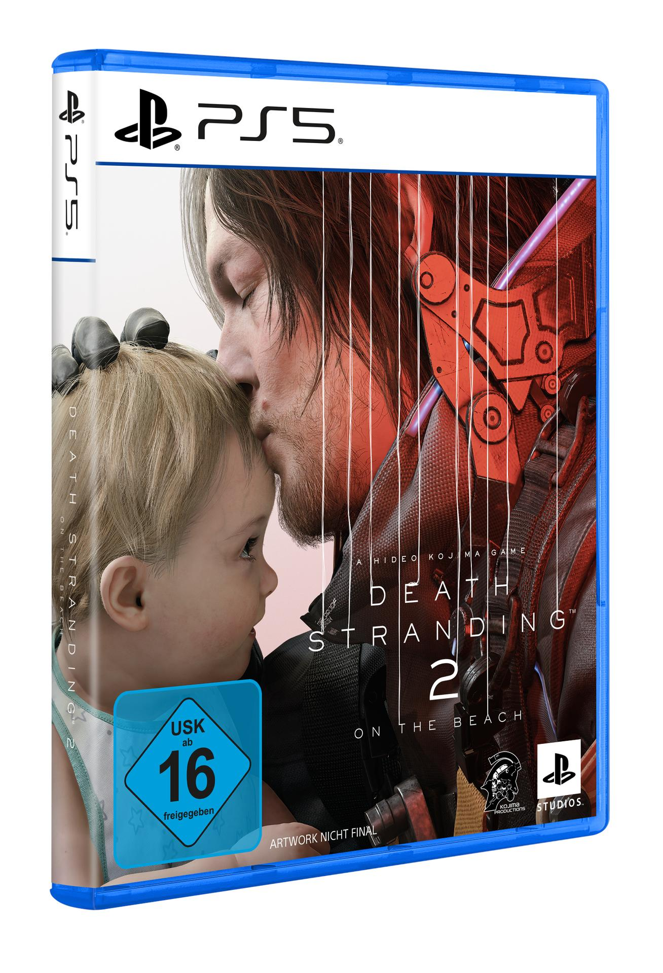 PS5-Spielhülle; Death Stranding 2, Mann küsst Kind. Blaue Hülle, weißer Hintergrund.