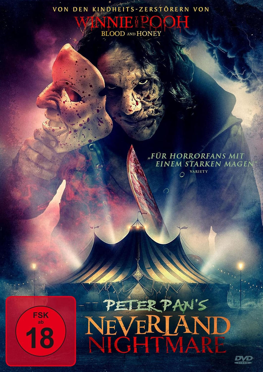 Filmplakat für Peter Pan's Neverland Nightmare. Mann mit Maske und Messer vor Zirkuszelt.
