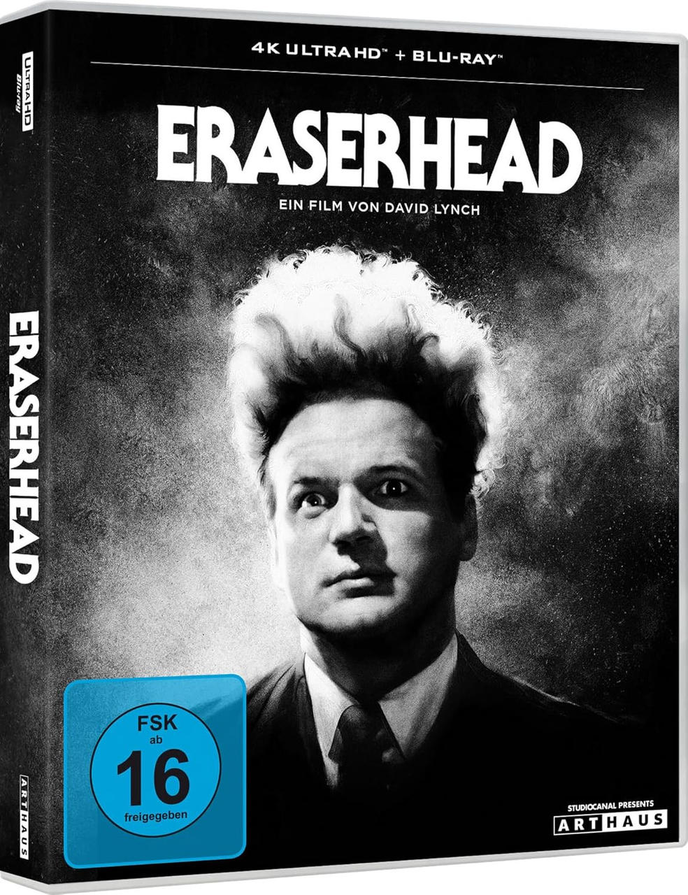 Schwarz-weiß Filmcover mit dem Gesicht eines Mannes und "ERASERHEAD".