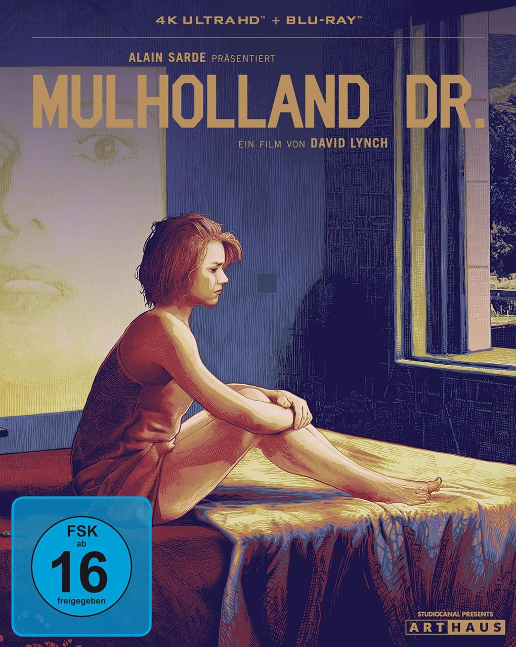 Mulholland Dr. Filmcover mit einer Frau auf dem Bett und Text.