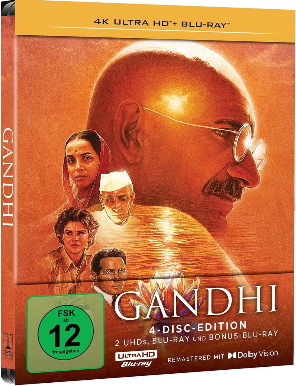 DVD-Box des Films Gandhi. Das Cover zeigt Gandhi und andere Charaktere. Es hat ein Blu-Ray-Logo.