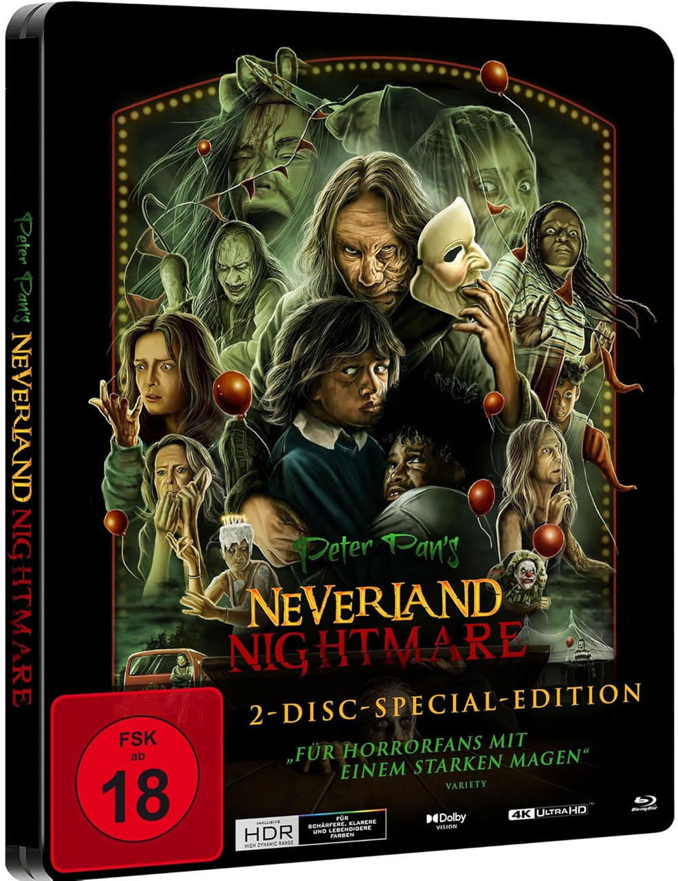 DVD-Cover für 'Peter Pans Neverland Nightmare' mit düsterem, unheimlichem Thema. Enthält mehrere Gesichter und einen roten Ballon.