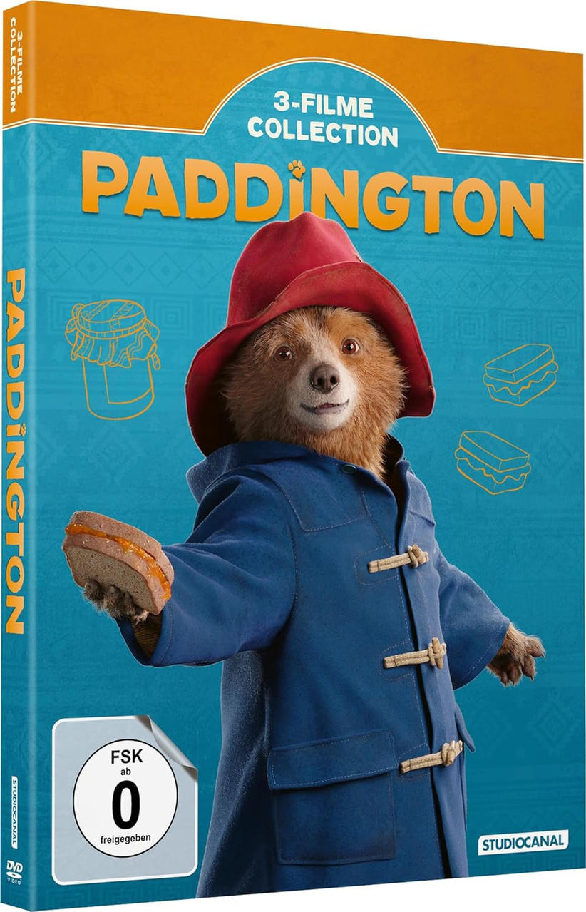 DVD-Hülle des Films 'Paddington'; Bär in blauem Mantel und rotem Hut.