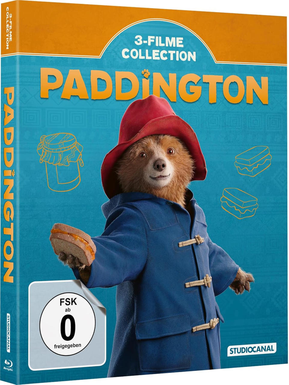 Eine DVD-Hülle mit einem Paddington Bär-Bild und einem 3-Filme-Sammlungs-Etikett.