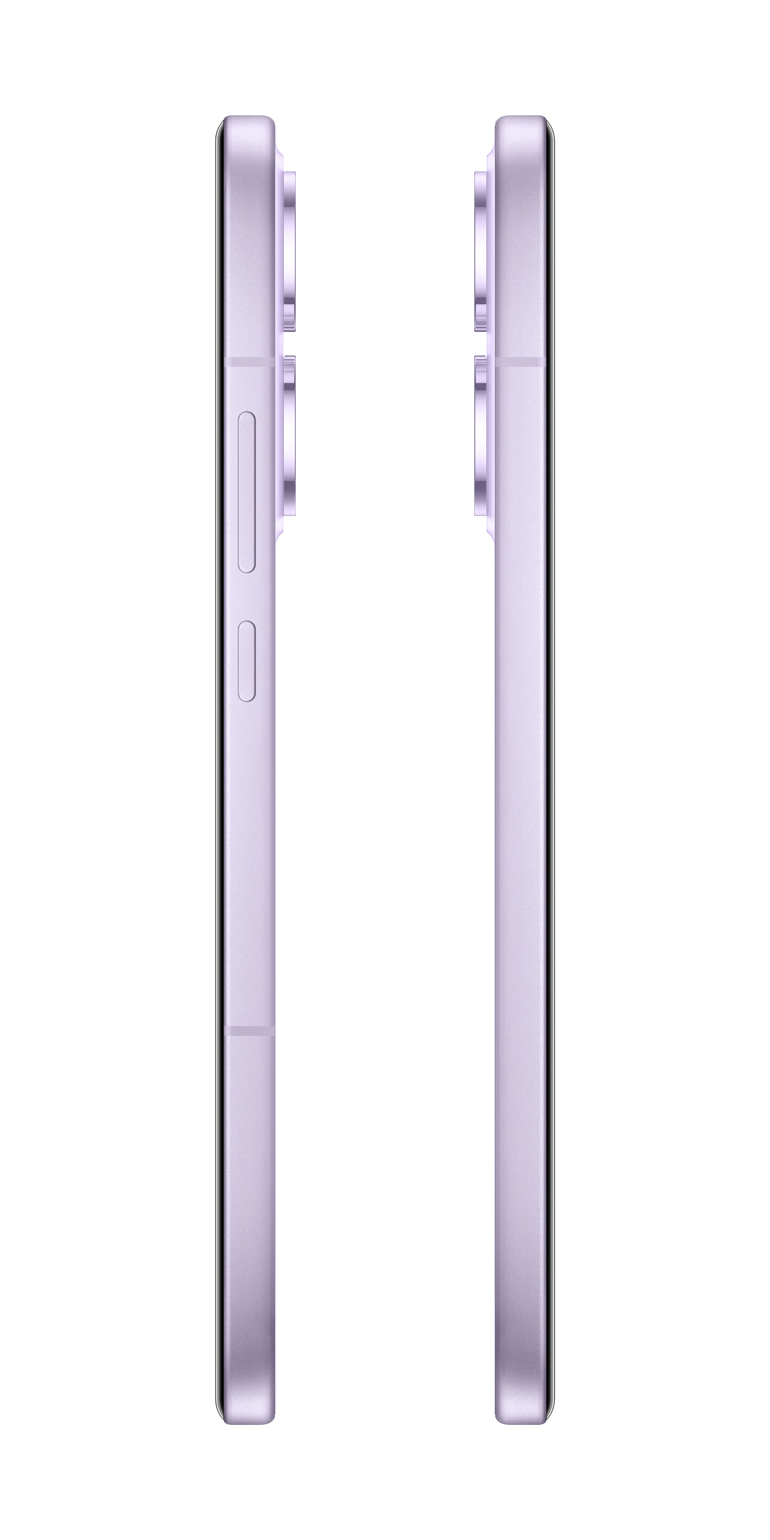 Kameralı mor bir telefonun iki yan görünümü. Beyaz arka plan.