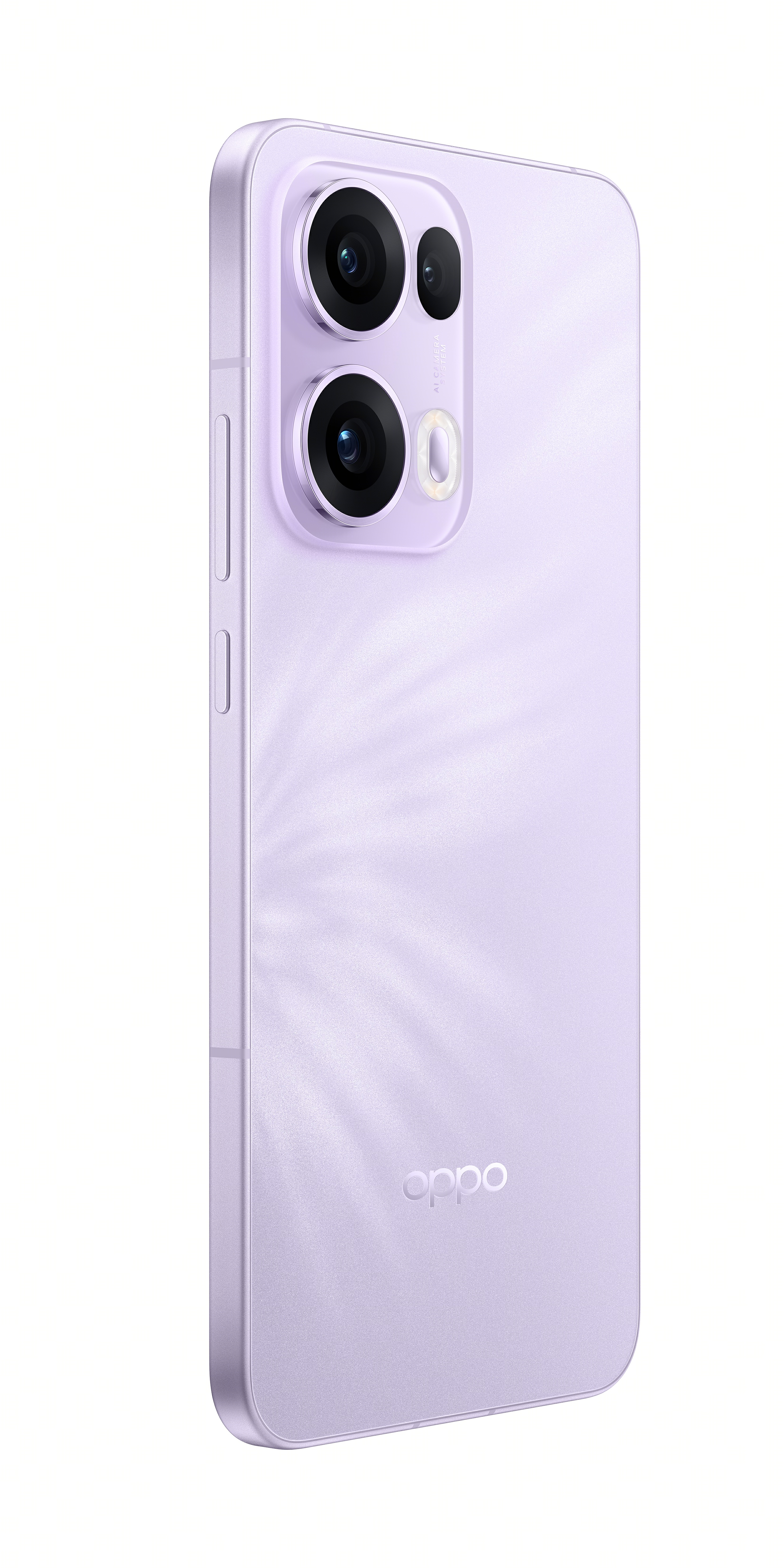 İki arka kameralı mor bir Oppo telefon, beyaz zemin.
