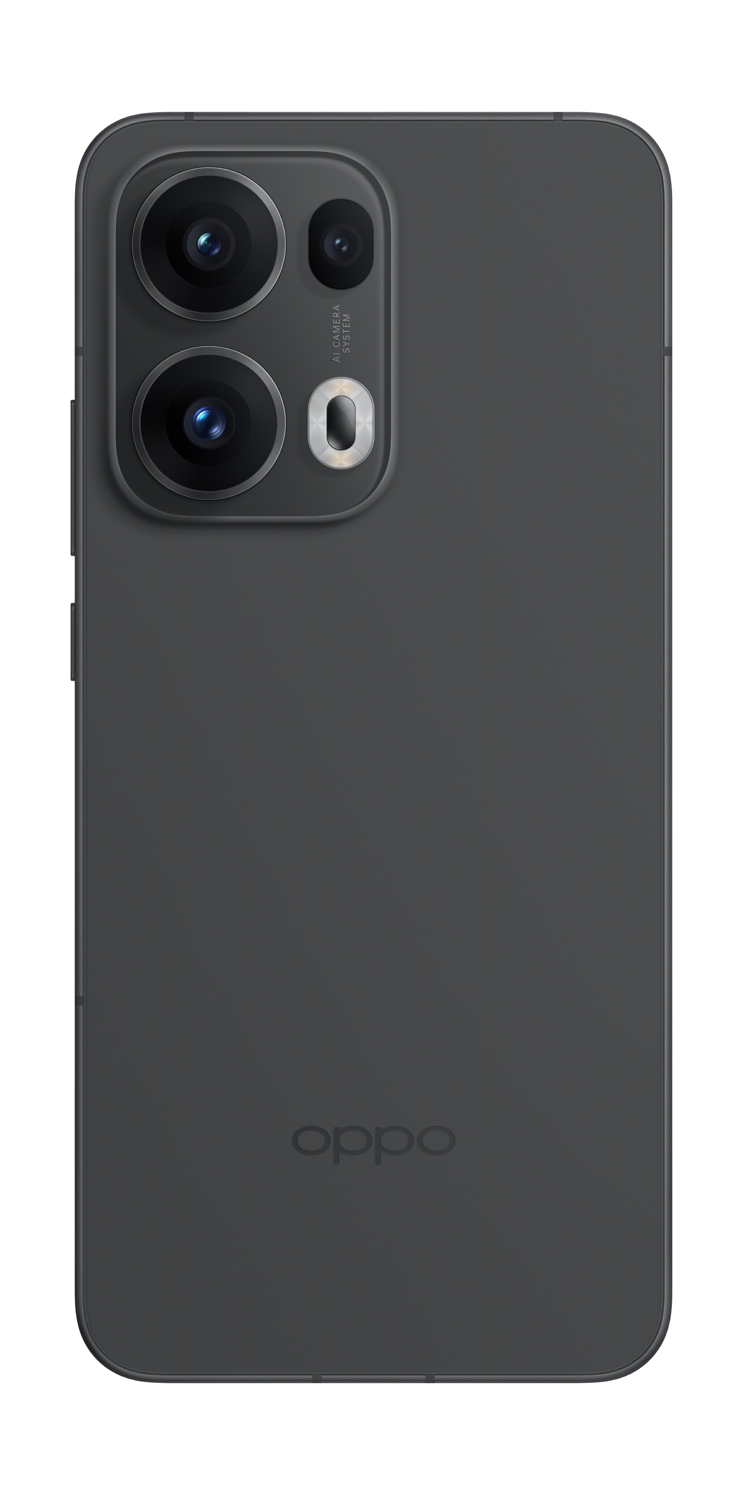 Koyu gri Oppo telefon, arka görünüm, çoklu kameralar ve Oppo logosu.