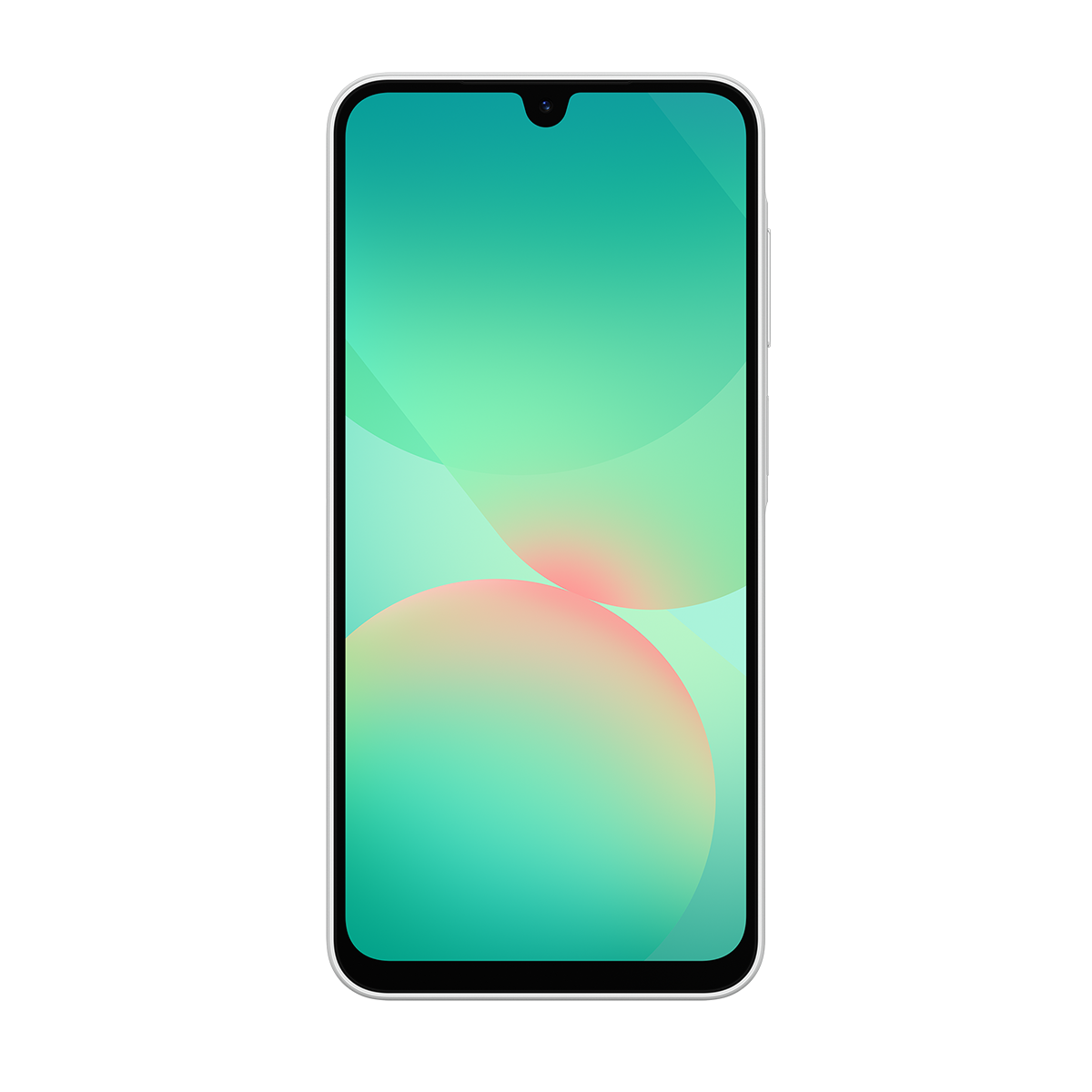 Beyaz zemin üzerinde, gümüş çerçeveli, yeşil ve pembe degrade ekranlı bir akıllı telefon.