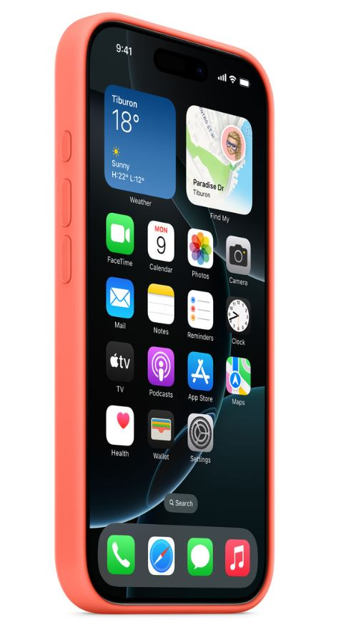 Ekranda uygulamalar olan mercan rengi bir iPhone beyaz bir arka planda.