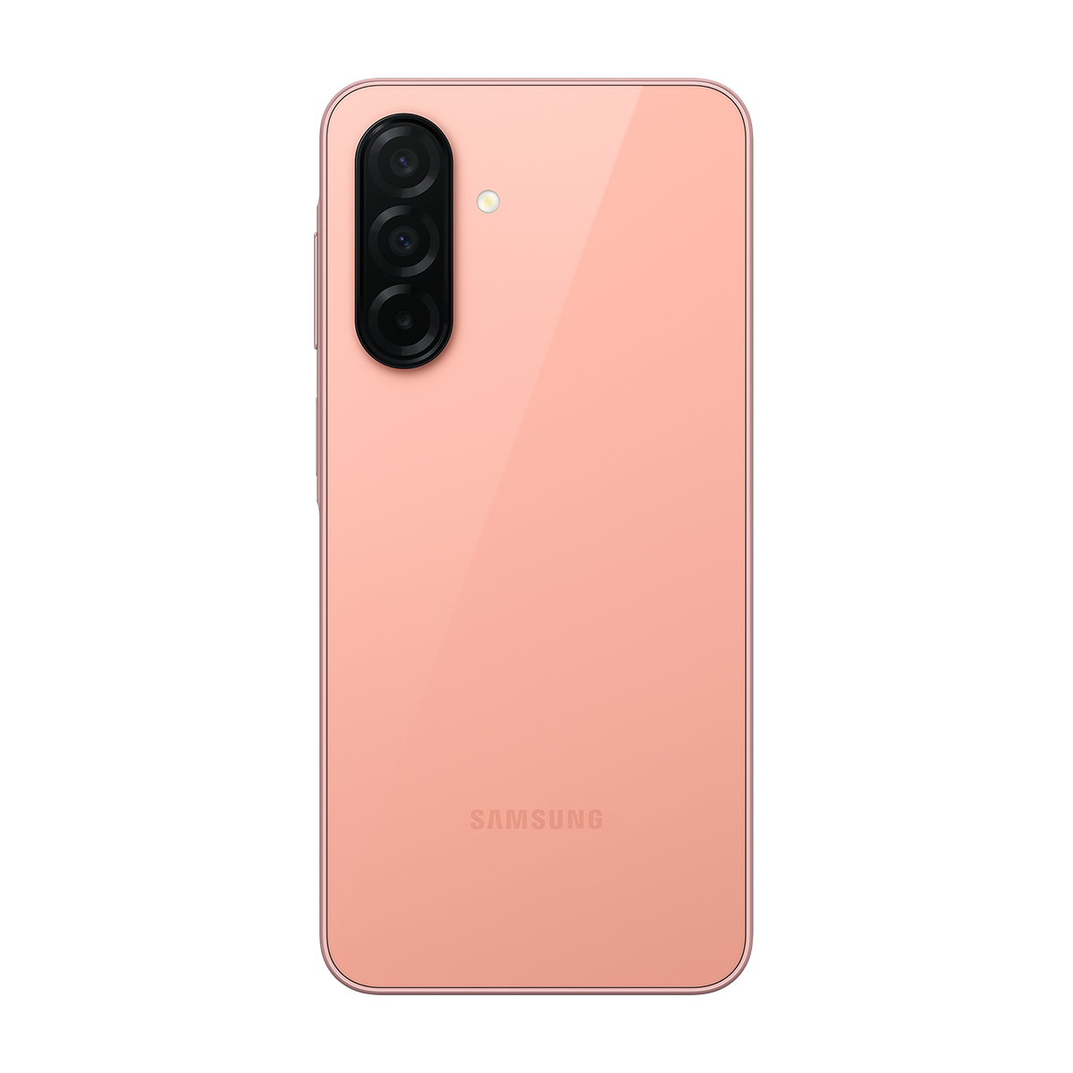 Pembe Samsung akıllı telefonun üç kameralı ve Samsung logolu arka yüzü.