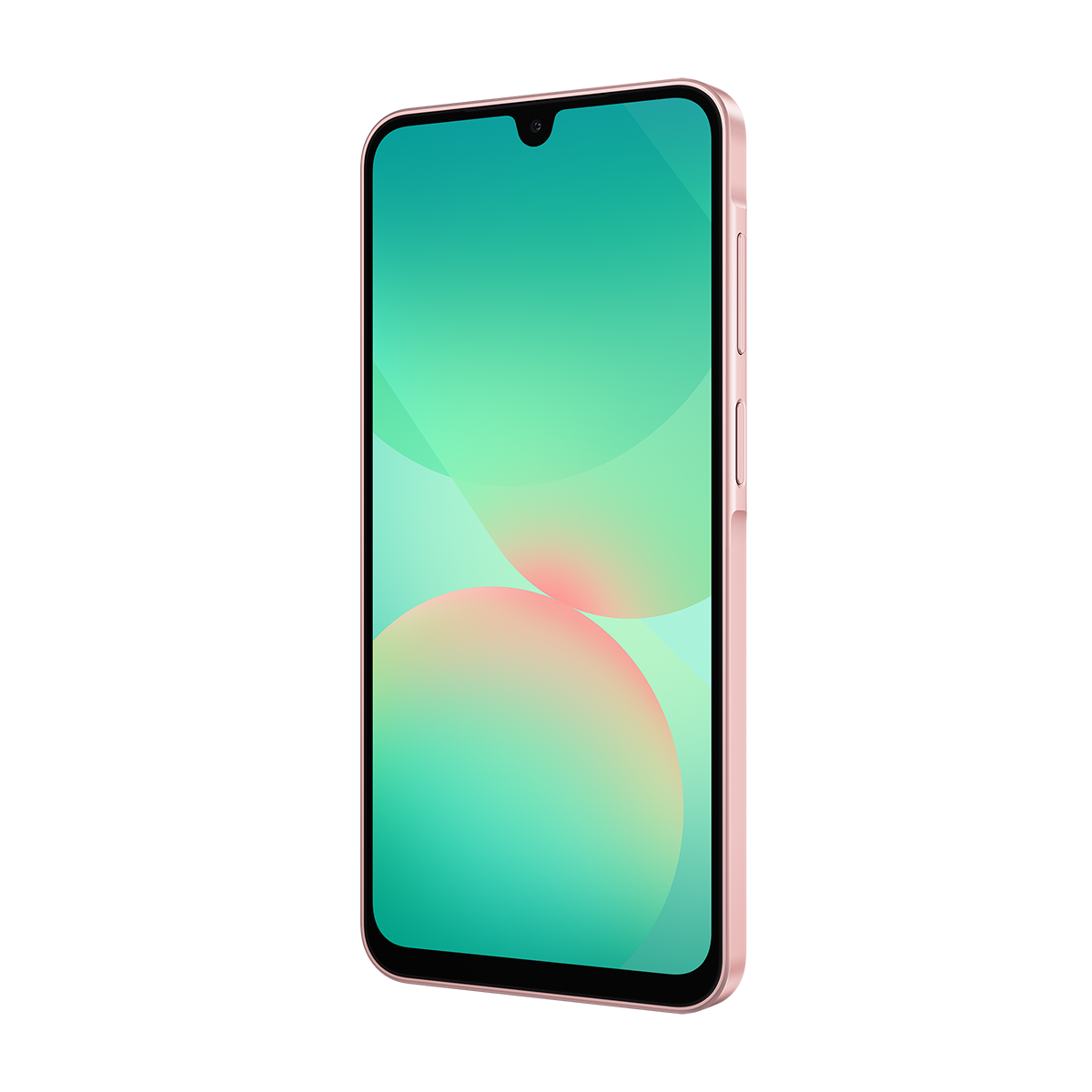 Pembe renkli telefon, yeşil ekran ve yuvarlak simgelerle, siyah bir zemin üzerinde.