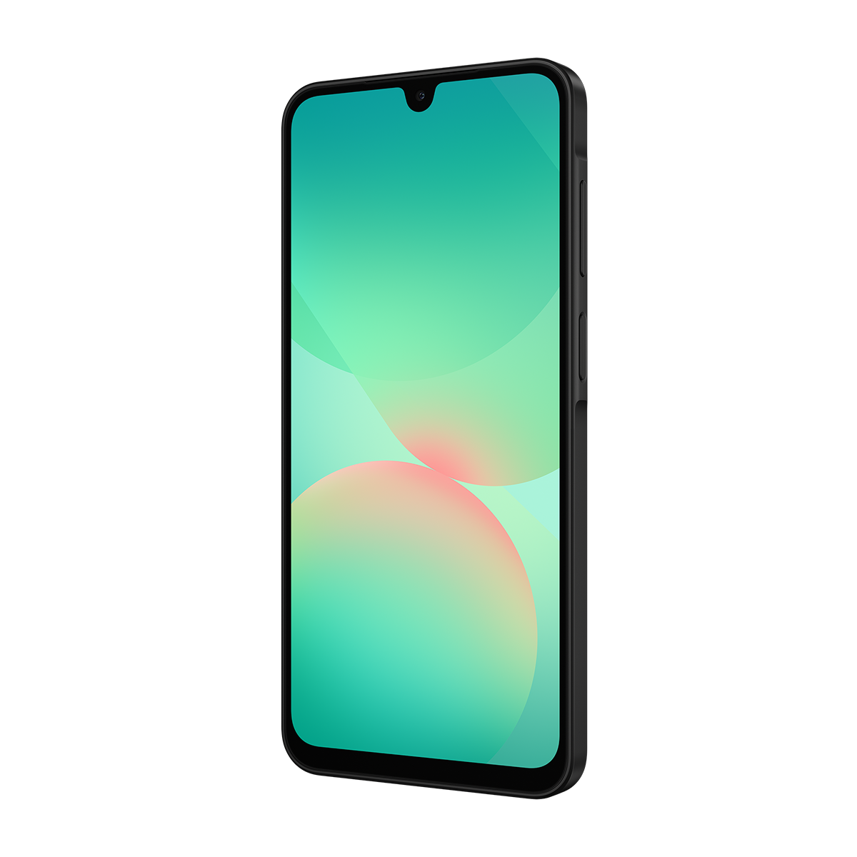 Ekranda yeşil ve pembe soyut bir arka plana sahip siyah akıllı telefon. Telefon açılı.