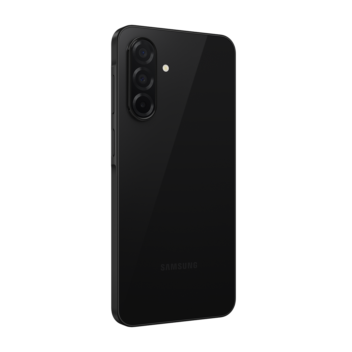 Siyah akıllı telefon siyah arka planda. Arkada üç kamera ve bir flaş var.