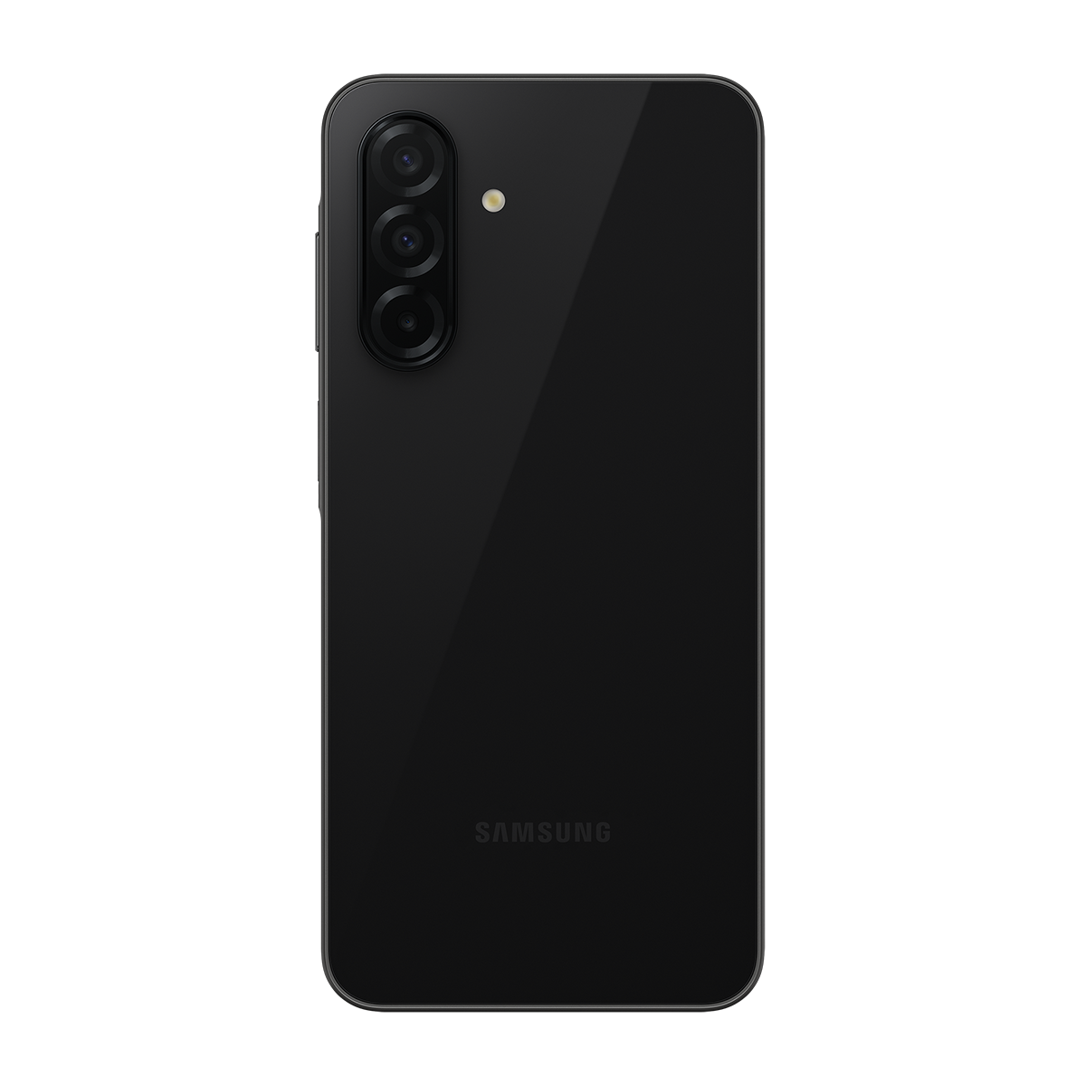Siyah arka plan üzerinde üç arka kameralı siyah akıllı telefon.