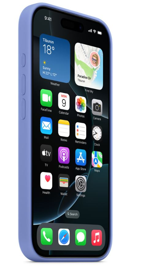 Mavi kılıf içinde iPhone, hava durumu ve uygulamalarla ana ekranı gösteriyor.
