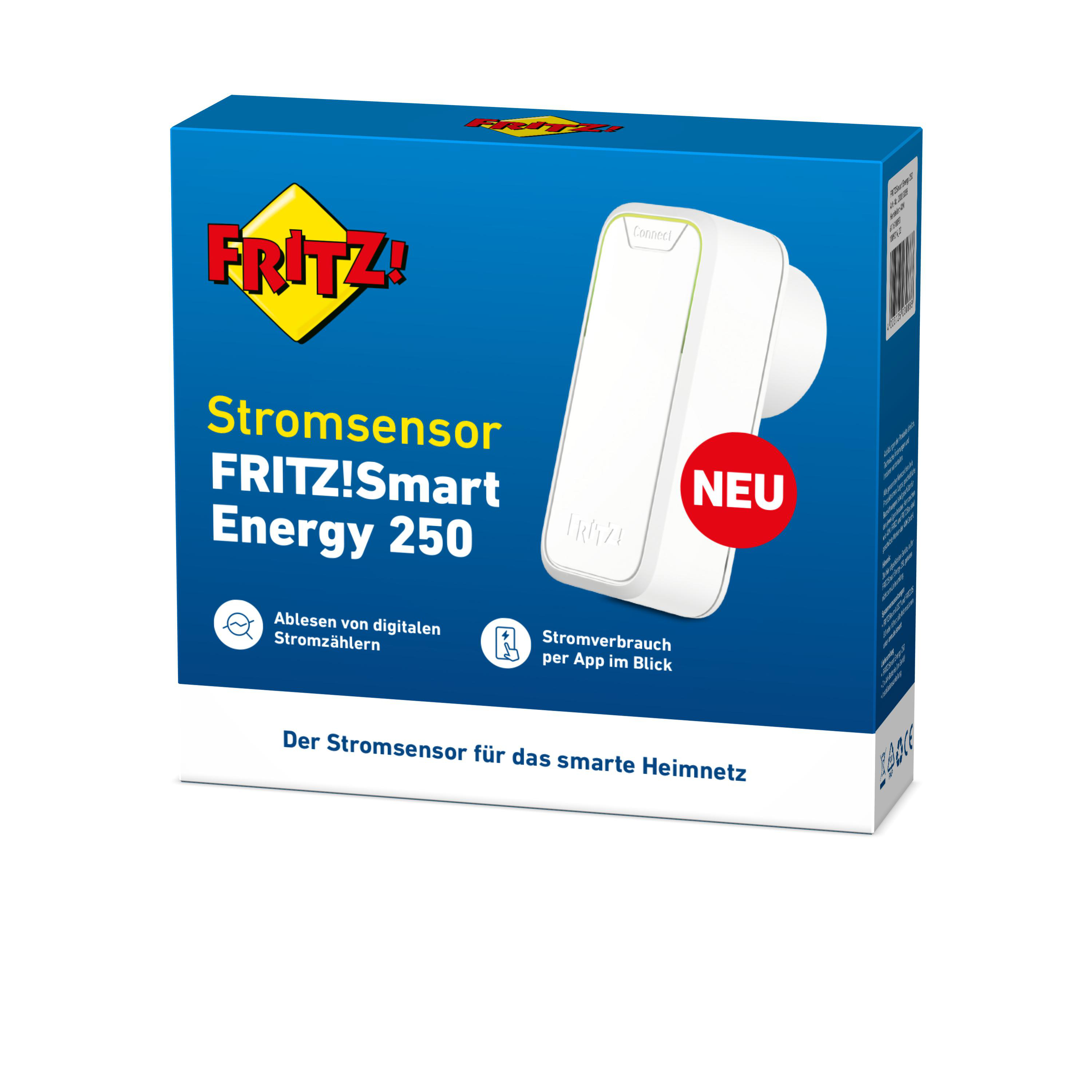 Box von FRITZ!Smart Energy 250, mit Text, Bildern und 'NEU'-Label.
