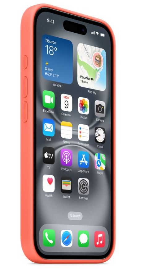 Kılıf içinde mercan rengi bir iPhone, uygulamalar ve bir hava durumu aracıyla ana ekranı gösteriyor.
