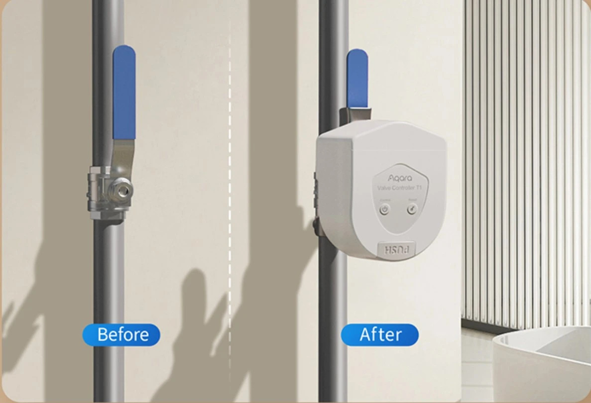 Obraz „przed i po” rury z zaworem. Po pokazuje inteligentny kontroler zaworu.