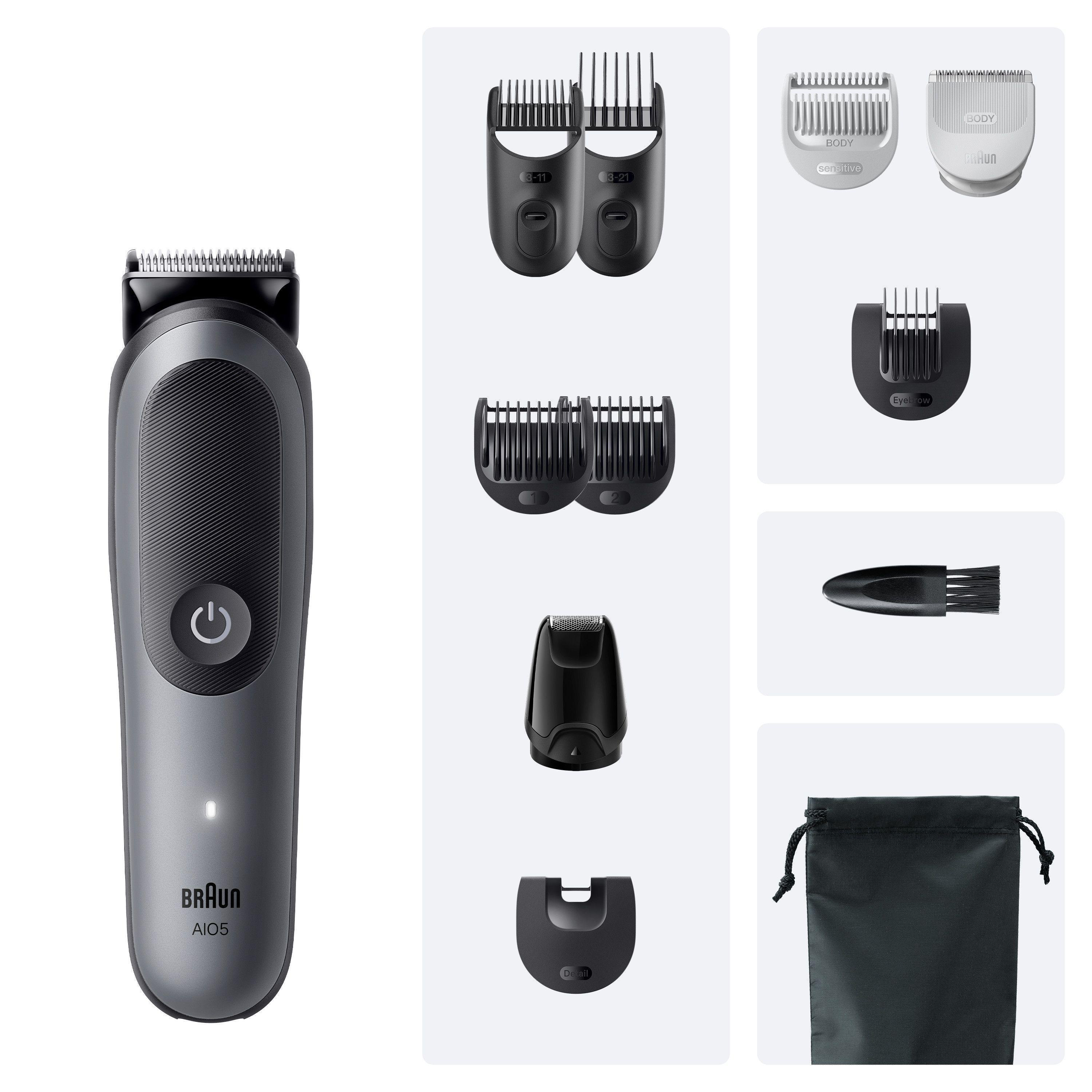 Grauer Braun Barttrimmer mit Aufsätzen. Zubehör umfasst Kämme, Bürste und eine schwarze Tasche.