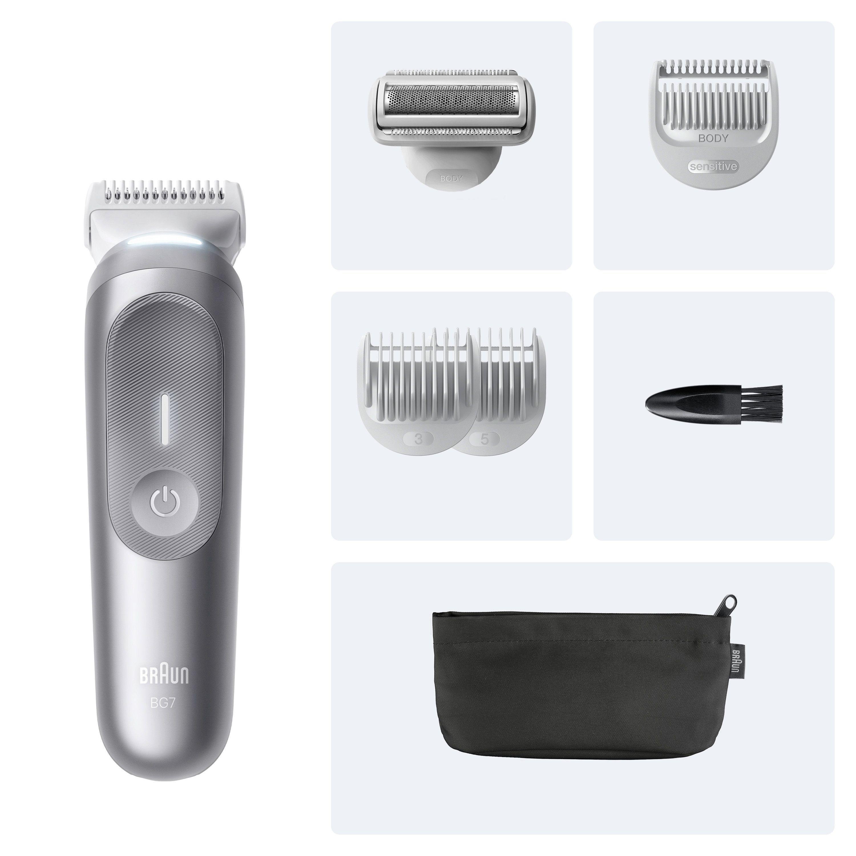 Silberner und grauer Braun Barttrimmer mit Zubehör und schwarzem Etui.
