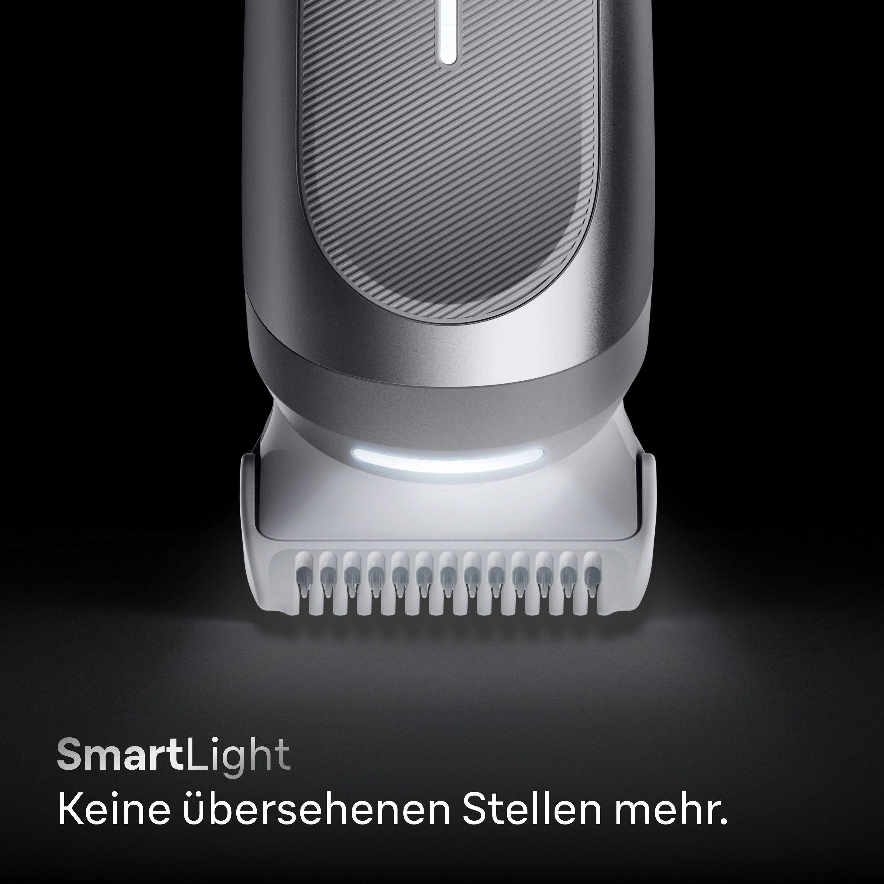 Nahaufnahme eines silbernen Philips Bartschneiders mit weißem Licht.