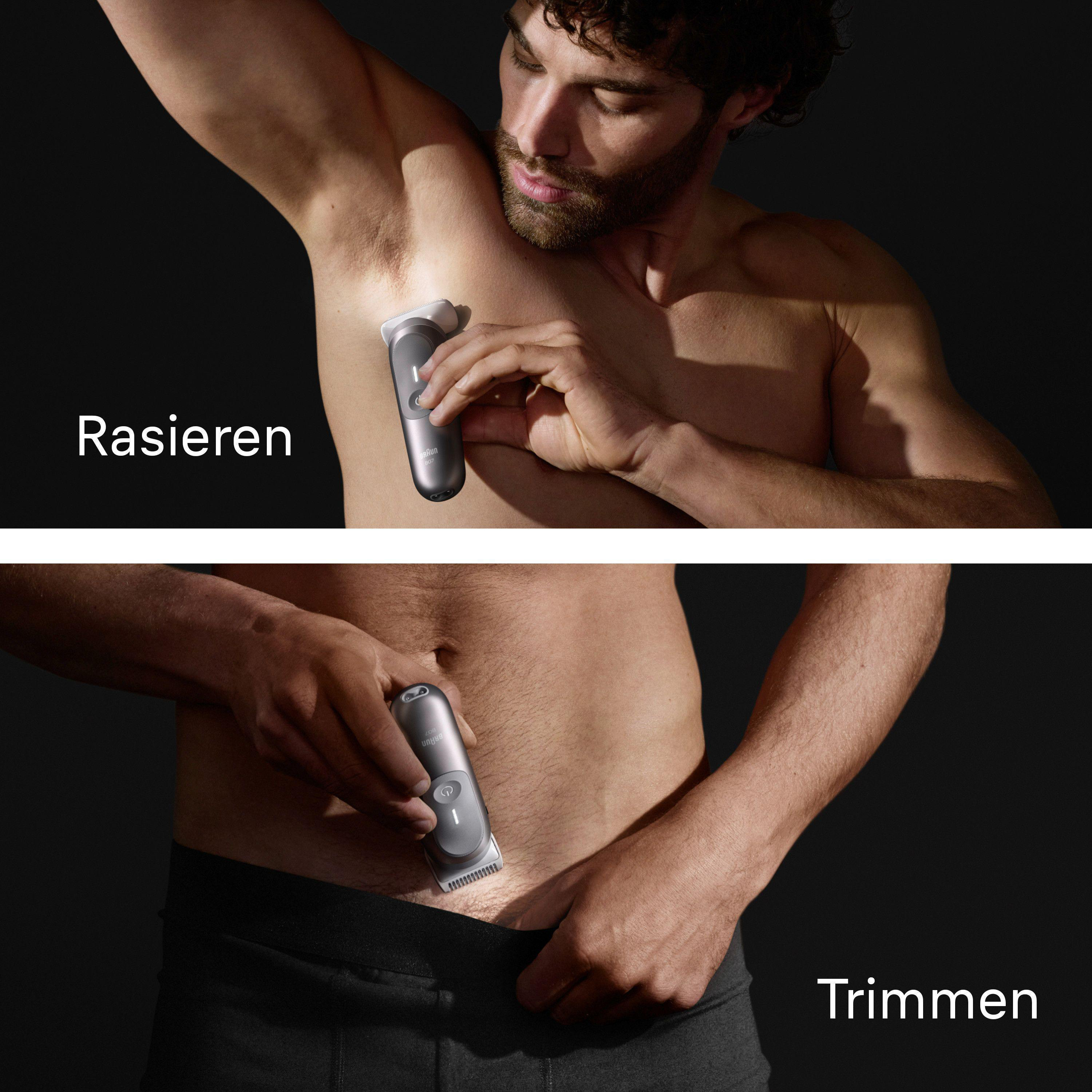 Mann rasiert Achsel, trimmt Intimbereich. Zwei Bilder, eins Rasieren, eins Trimmen, mit Text auf Deutsch.