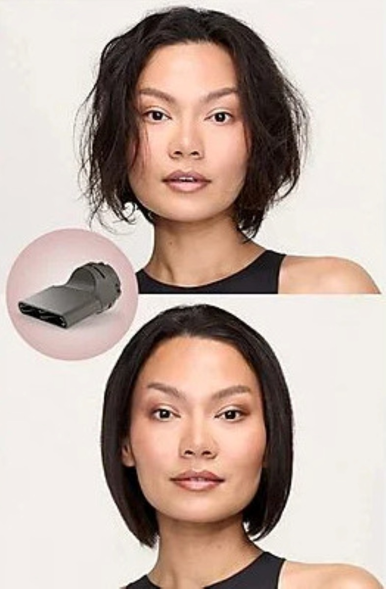 Twarz kobiety przed i po strzyżeniu. Suszarka do włosów pokazana obok zdjęcia przed.