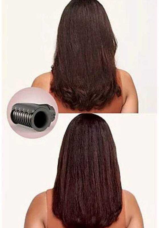 Dwa obrazy: jeden z wyprostowanymi włosami, a drugi z narzędziem do włosów.