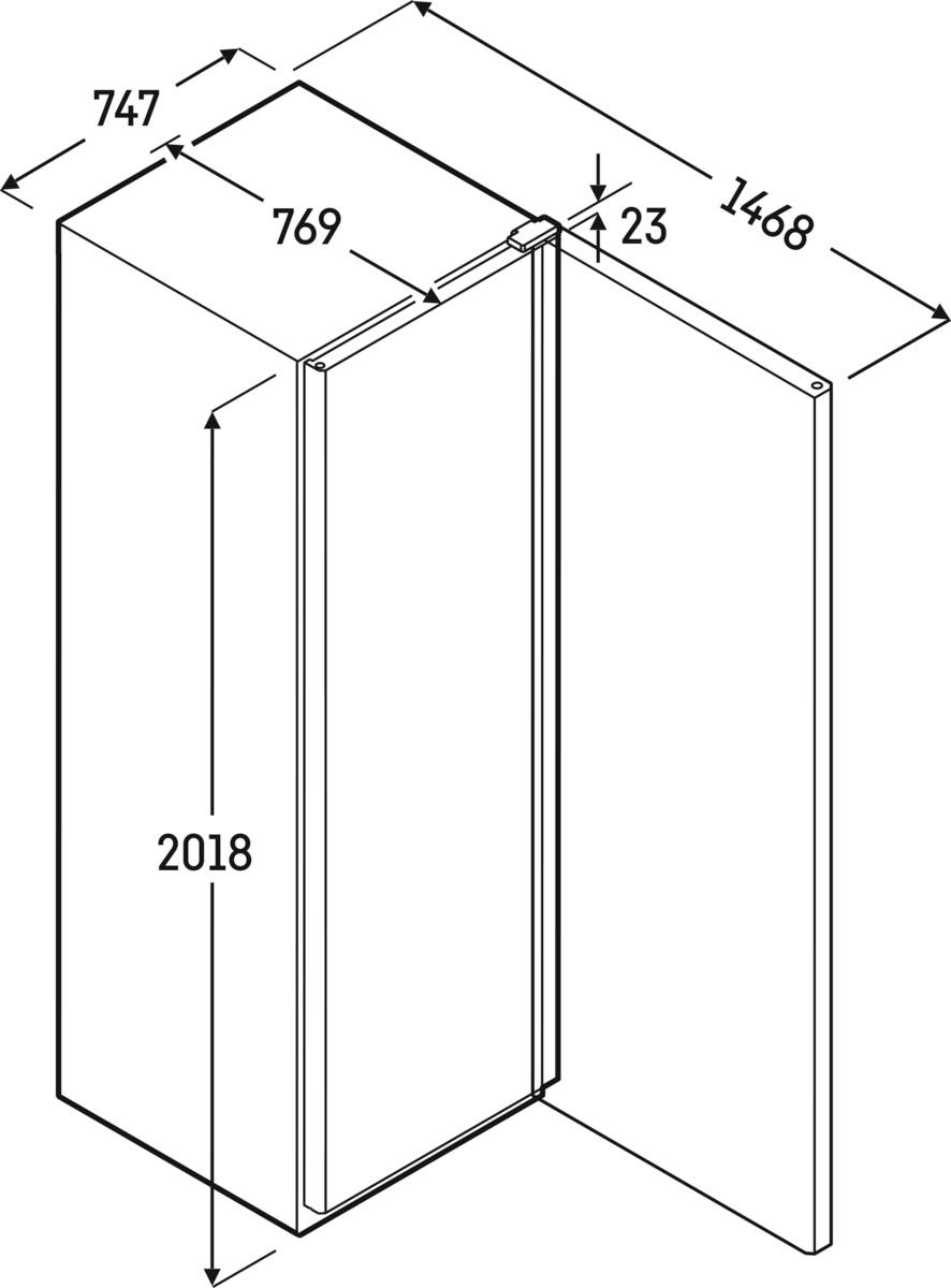 Isometrische Ansicht eines Kühlschranks mit geöffneter Tür, mit Abmessungen.