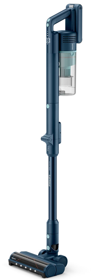 Ciemnoniebieski odkurzacz bezprzewodowy, stojący, z uchwytem i przezroczystym pojemnikiem na kurz.