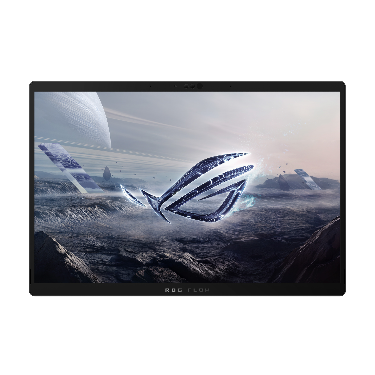 Laptop with a futuristic graphic display, black frame.