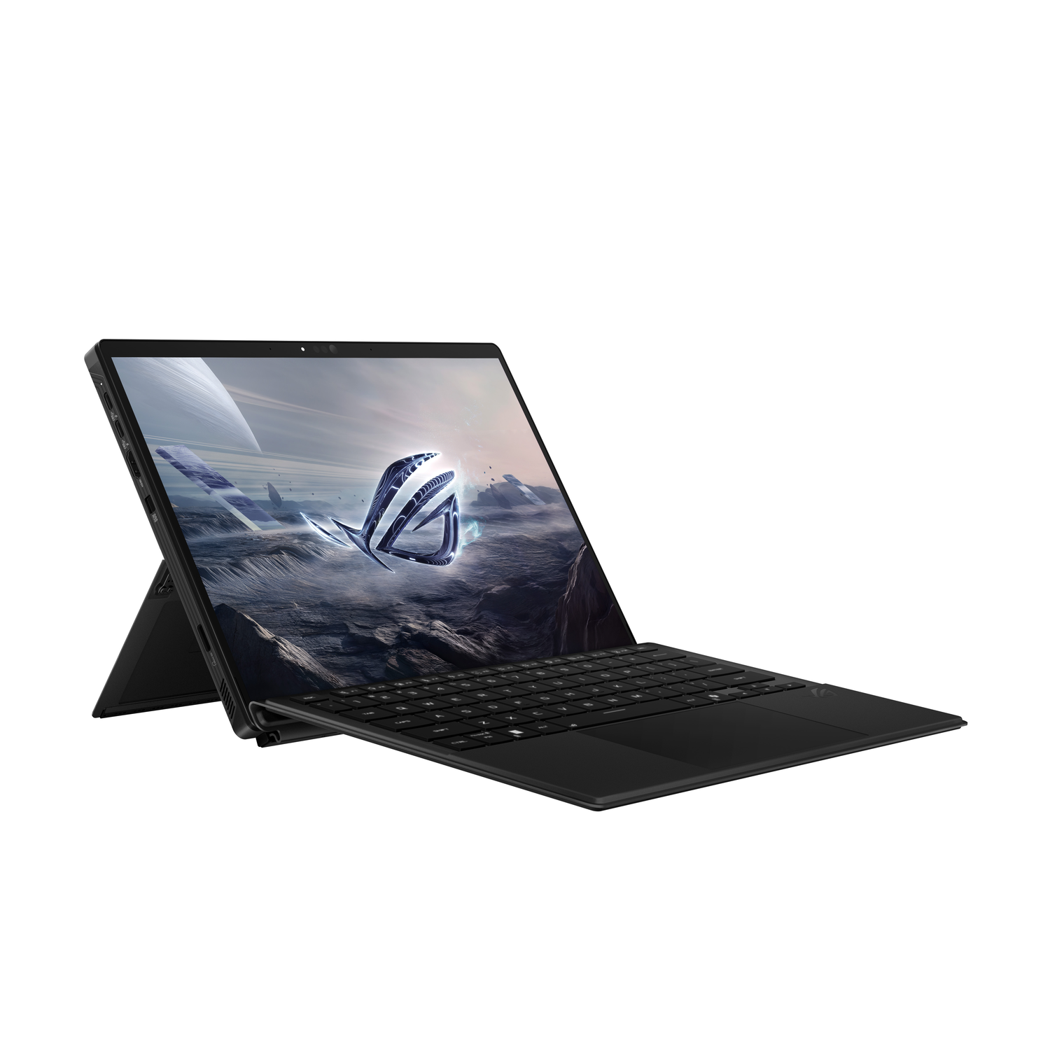 Black laptop in an open position. A futuristic image is on the screen.
