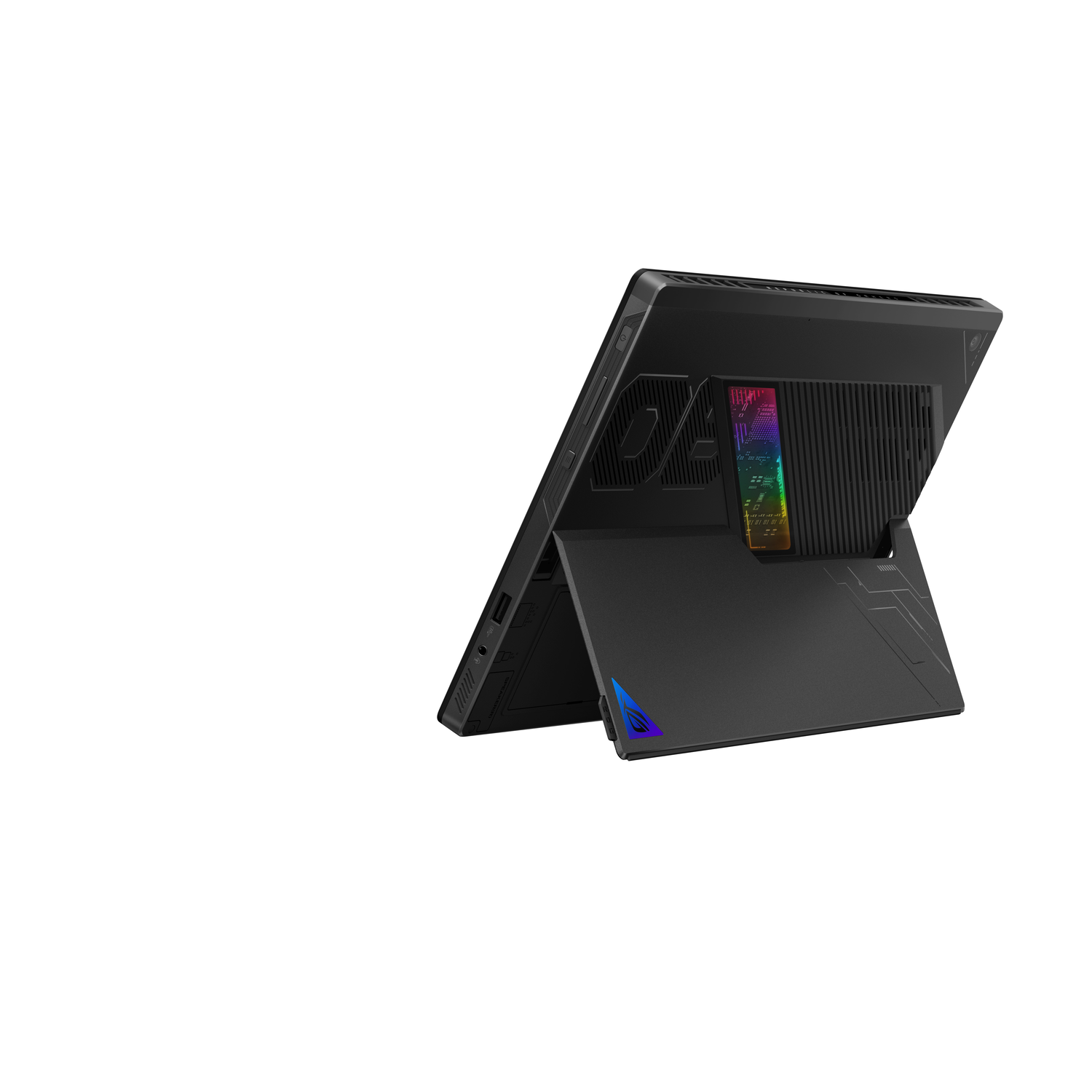 Black laptop, angled, open, with colorful screen and stand. White background.