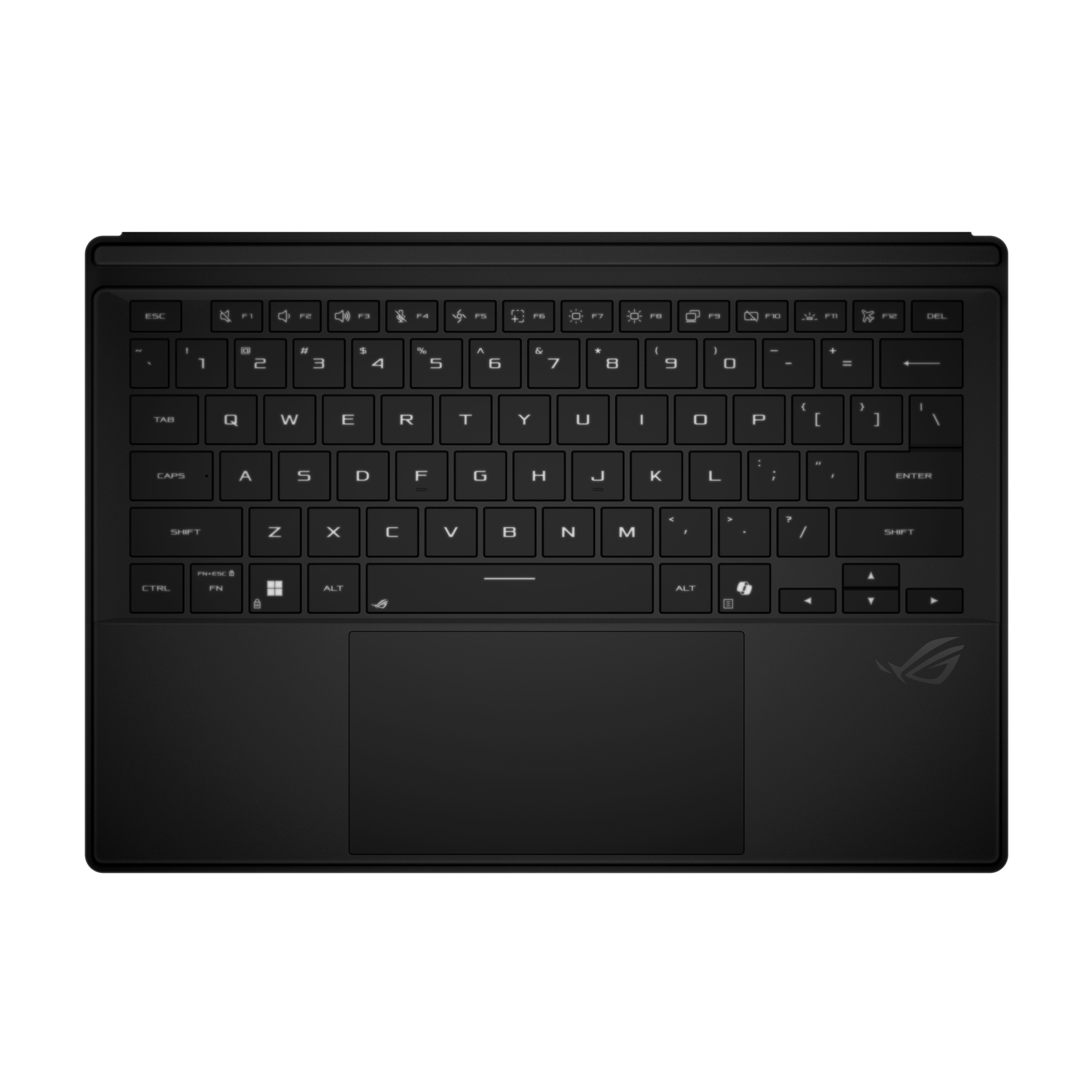 Top view of a black keyboard with a trackpad and function keys.
