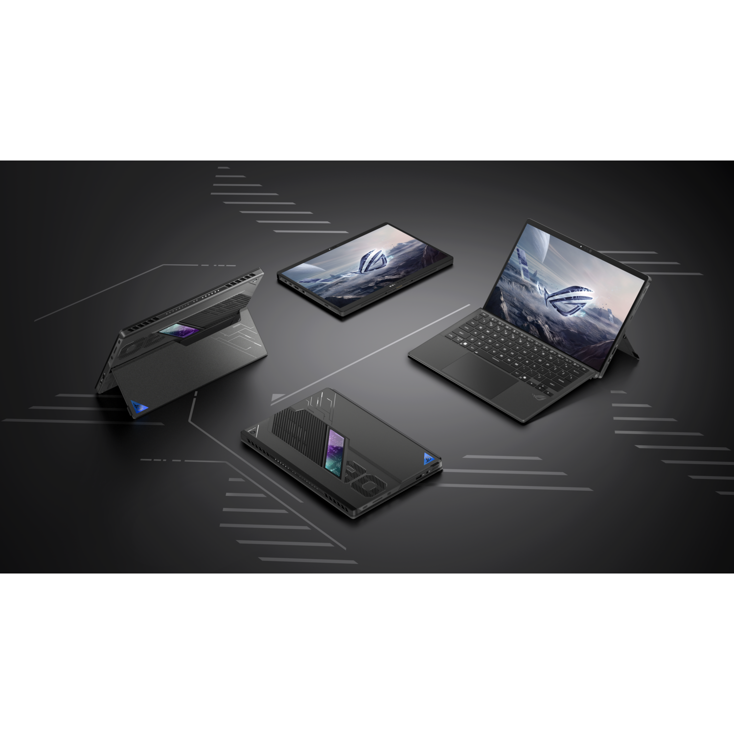 Multiple laptops in different modes on a black surface.