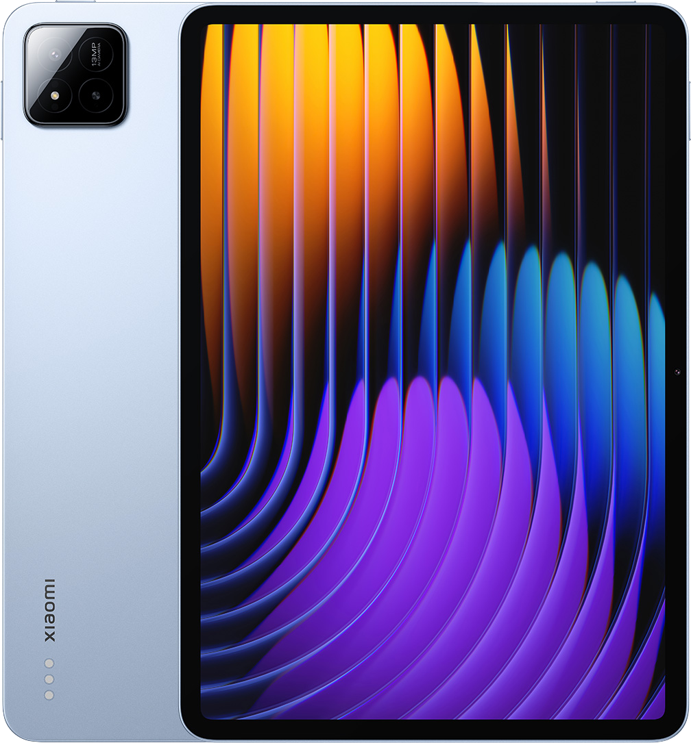 Egy világoskék táblagép fekete képernyővel, színes absztrakt dizájnnal, hátulján kameramodullal és a Xiaomi logóval.