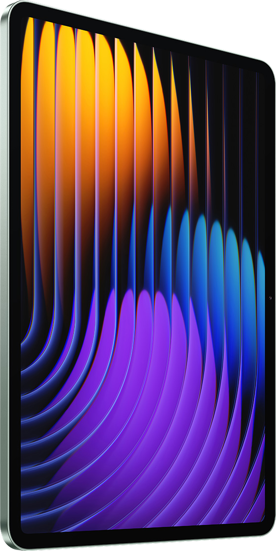Egy iPad Pro, szögben, élénk absztrakt háttérrel, narancs, sárga és lila színekkel.