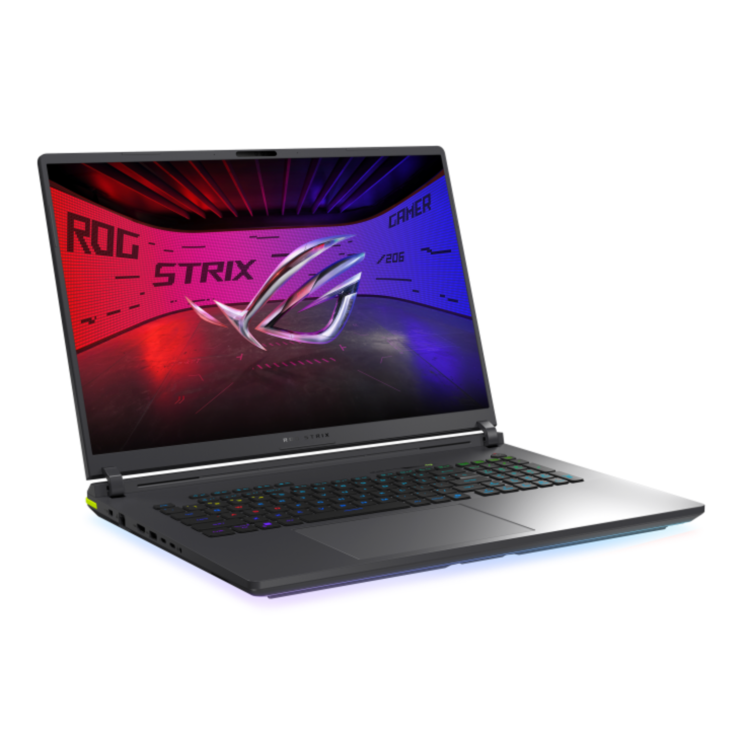 A black laptop with an illuminated keyboard and screen displaying ROG STRIX logo. The edges have RGB lighting.