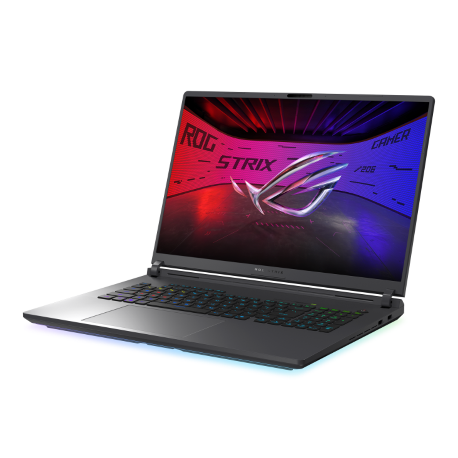Black laptop with ROG Strix logo, keyboard with colorful lights, and open screen.