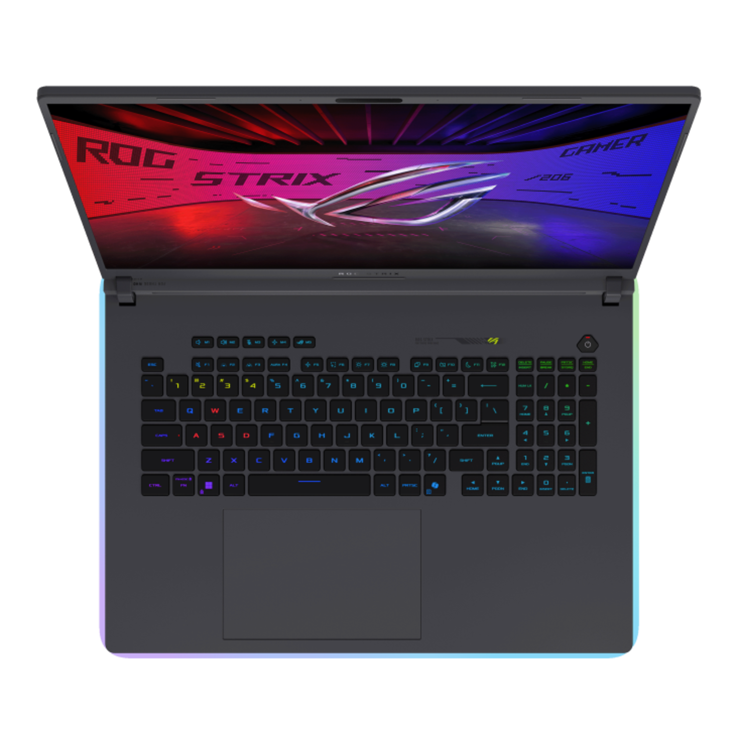 Laptop with a gaming keyboard. The screen displays a colorful abstract background.