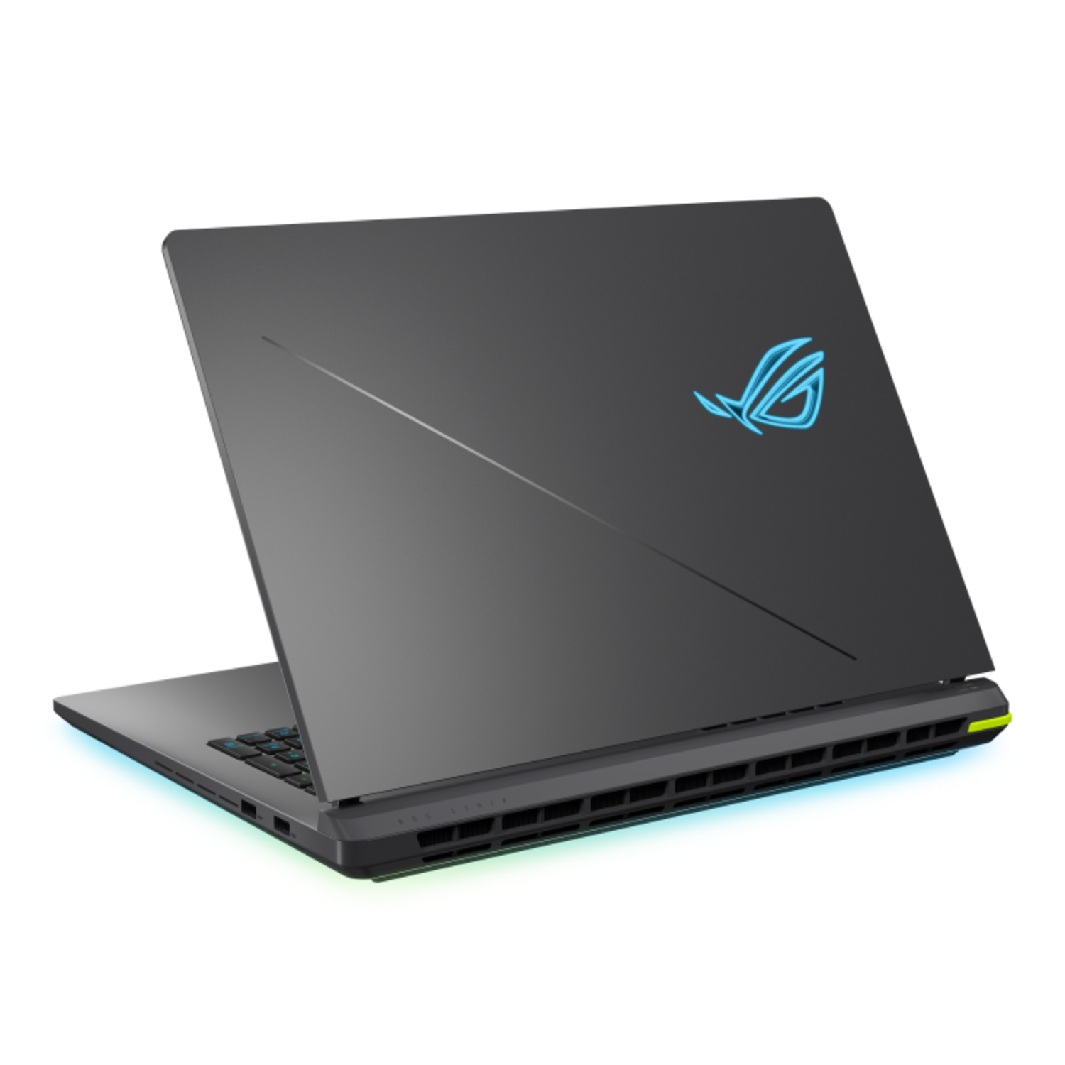A black laptop with a blue ROG logo and colorful lights on the back.