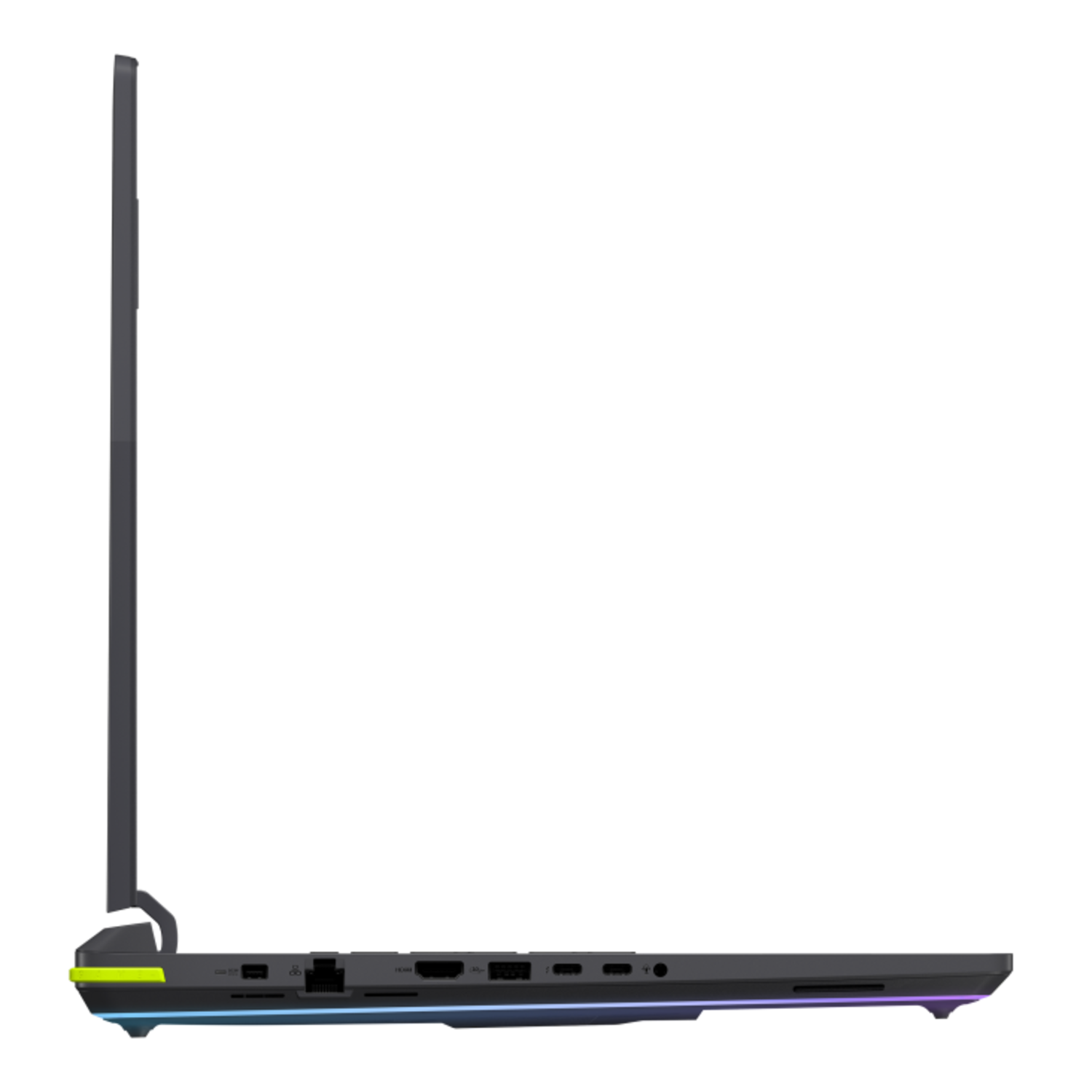 Side view of a black laptop. Shows ports, and the side profile. Black background.