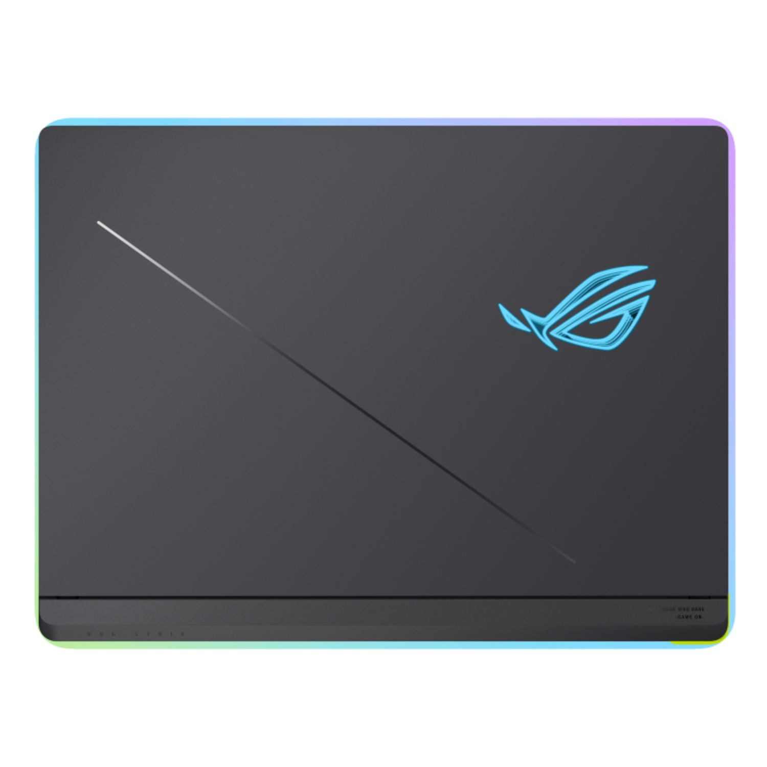 A laptop lid in dark gray, with an ROG logo lit in blue and a diagonal stripe.