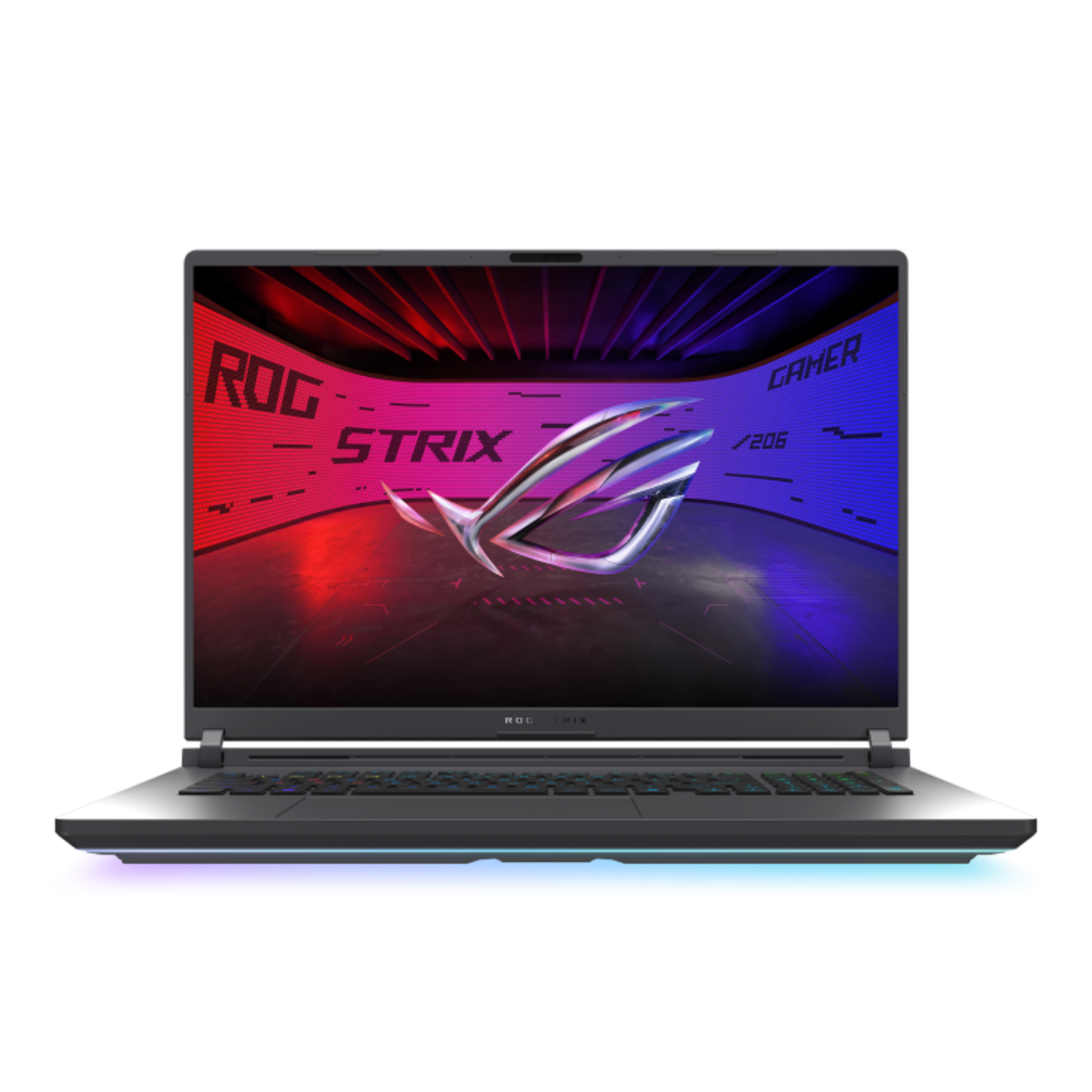 A laptop displays a colorful ROG Strix logo. The keyboard has RGB lighting. The screen is on.