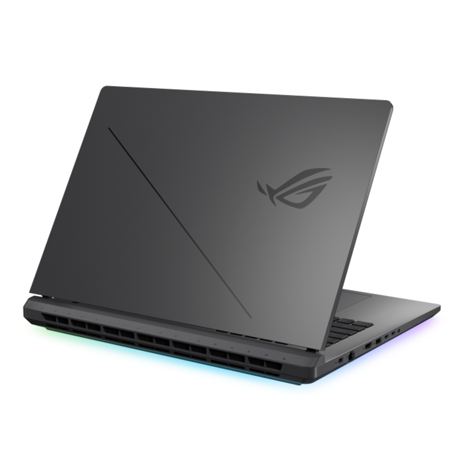 The back of a laptop with a logo and a colorful light strip along the bottom edge.