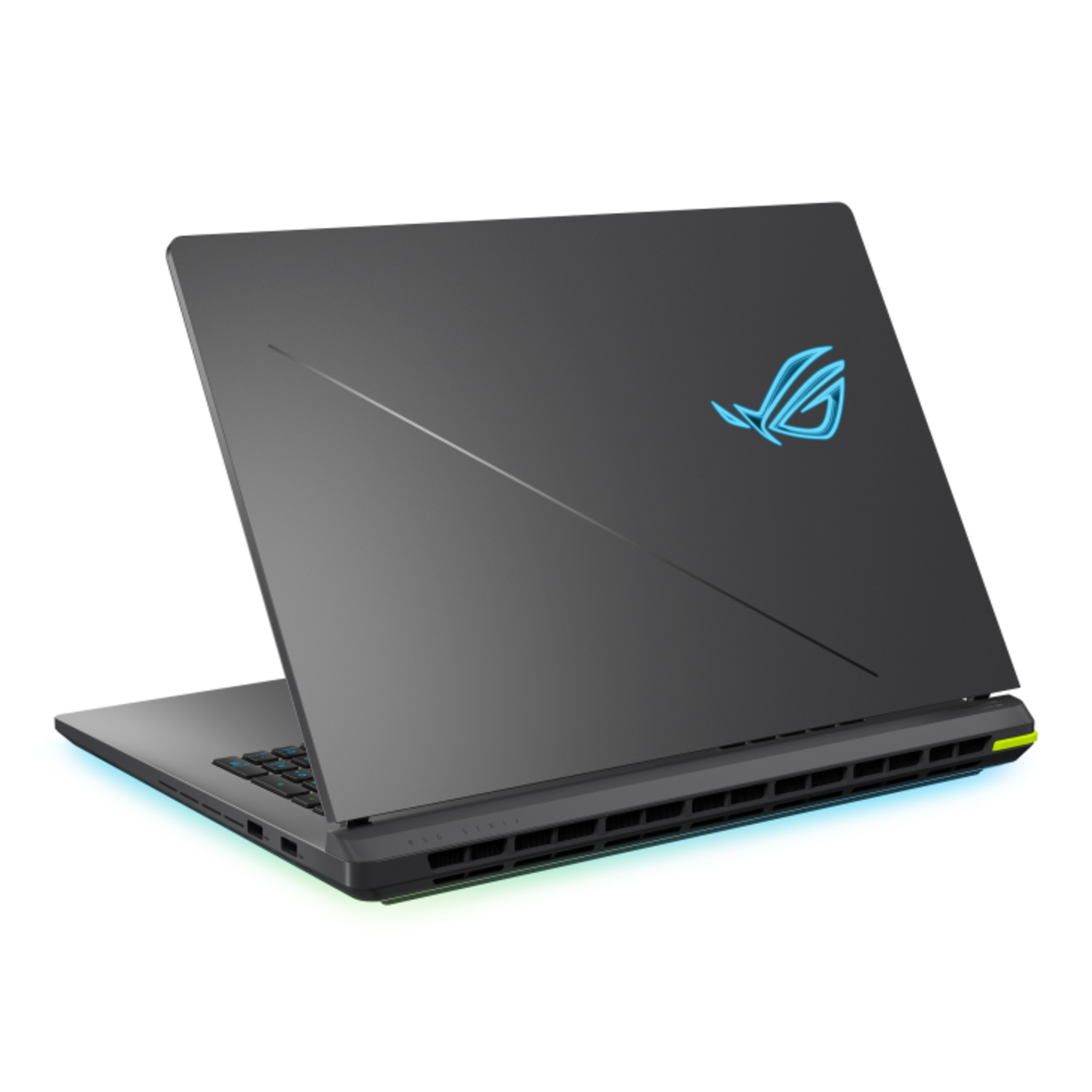 A black laptop, viewed from behind, open. The back has a logo, and the edges have colorful lights against a black background.