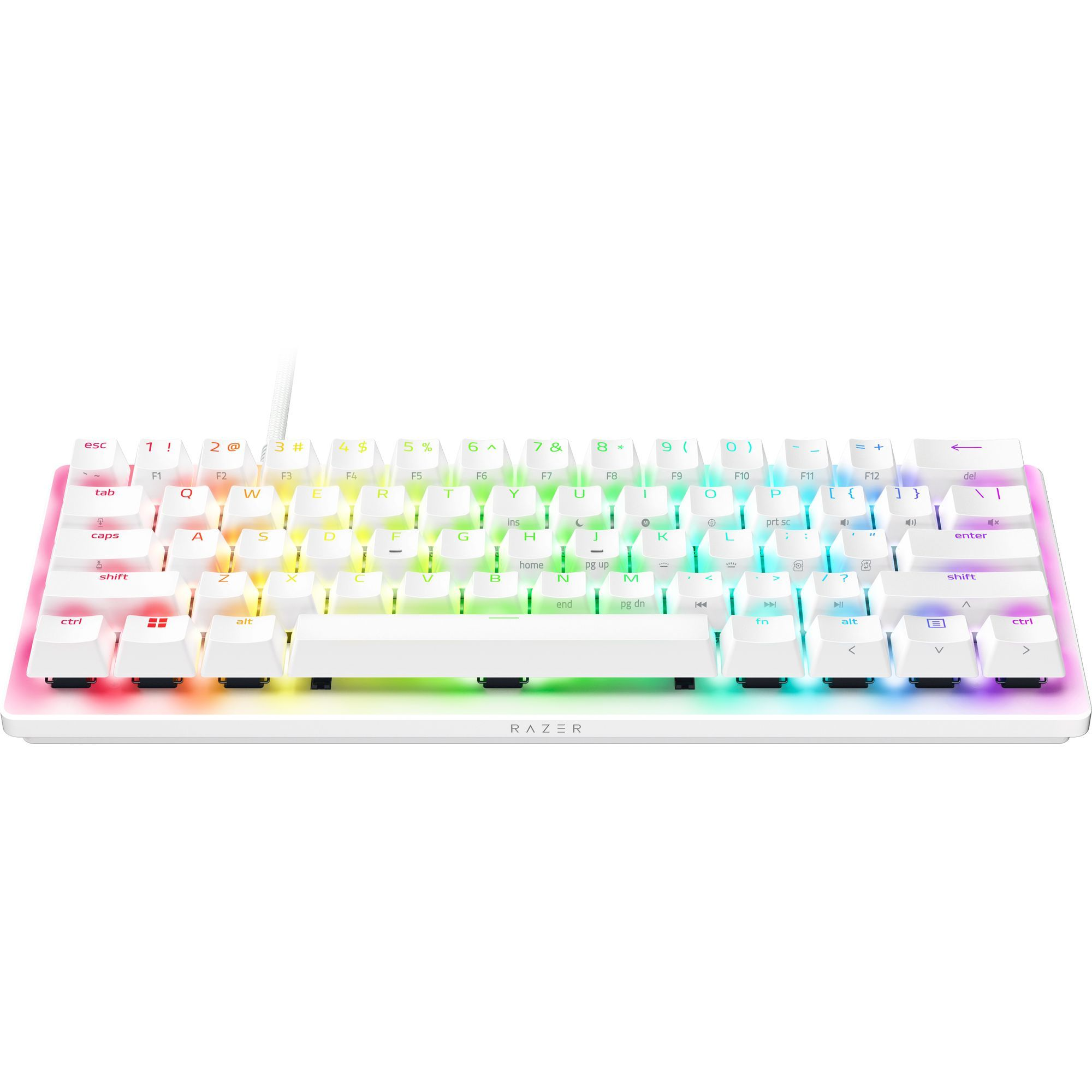 Eine weiße, kompakte mechanische Tastatur mit farbenfrohen beleuchteten Tasten und weißem Kabel.