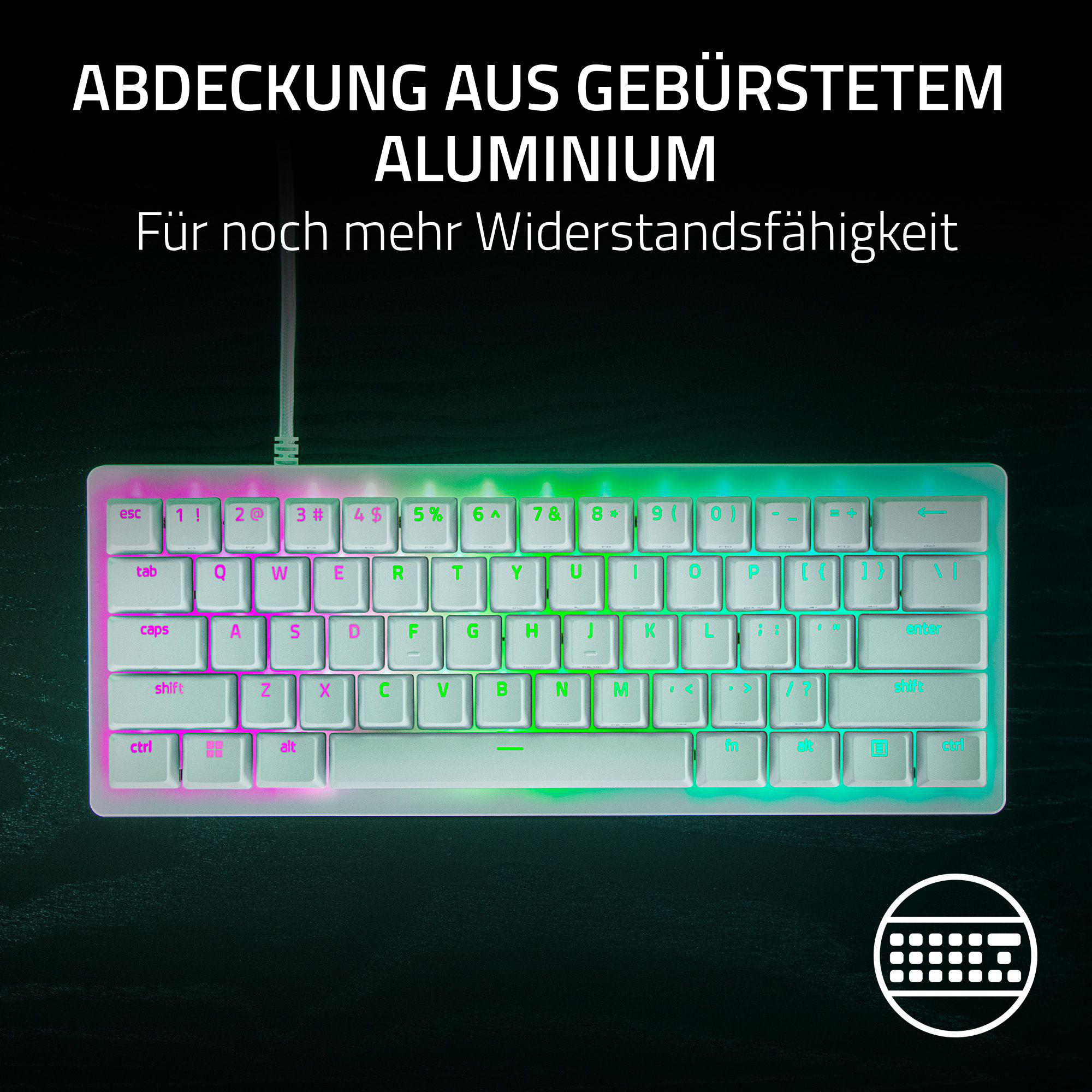 Weiße und mehrfarbige Tastatur. Tasten mit Buchstaben und Symbolen sind sichtbar.