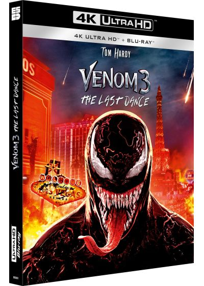 Blu-ray-hoes voor 'Venom 3: The Last Dance' met Tom Hardy en een Vegas-achtergrond.