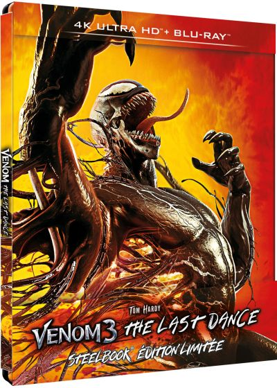 Blu-ray-hoes voor Venom 3. Een zwart, monsterlijk figuur met scherpe tanden komt uit een rode achtergrond.